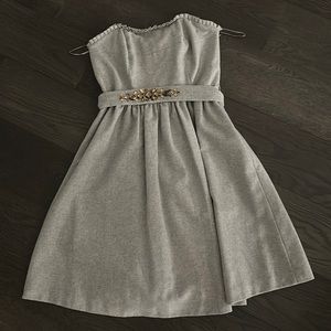 Grey wool strapless dress with rhinestone belt